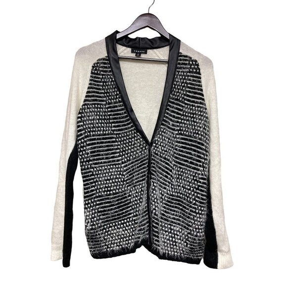 Trouve White Black Angora Faux Leather Trim Cardigan Sweater Women's Size Medium - Picture 1 of 9